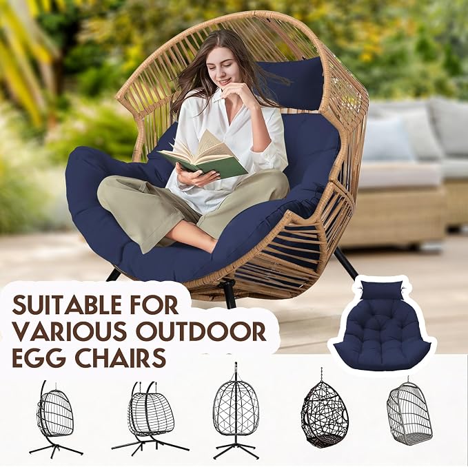Outdoor Hanging Egg Chair Cushion Replacement, Thicken Egg Chair Cushion Waterproof Basket Eggs Chairs Cushion with Headrest Pillow, U-Shaped Cushions for Hanging Eggs Chairs Swing (Blue)