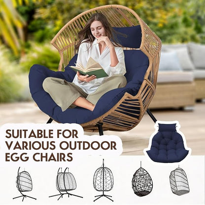 Outdoor Hanging Egg Chair Cushion Replacement, Thicken Egg Chair Cushion Waterproof Basket Eggs Chairs Cushion with Headrest Pillow, U-Shaped Cushions for Hanging Eggs Chairs Swing (Blue)
