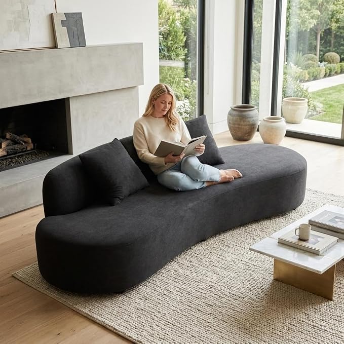 Container Furniture Direct 90" Curved Sofa with Throw Pillows, 4 Seater Luxury Velvet Couch with Half Moon Design and High-Density Foam, Ideal for Modern Living Room, Office & Apartment, Black
