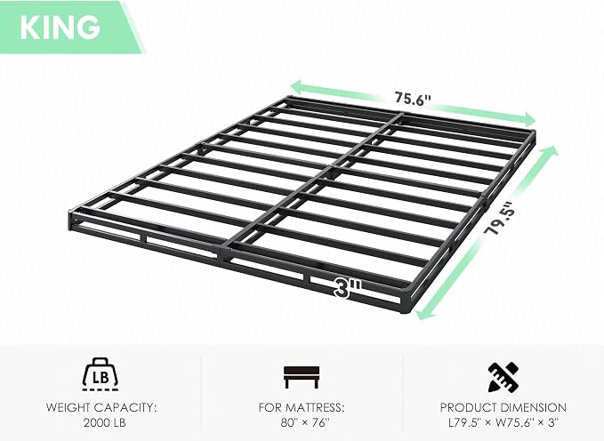 QEROMY 3 Inch Low Profile Box Spring, Sturdy Metal Frame Mattress Foundation, Easy Assembly, Quiet & Noise-Free, King Size
