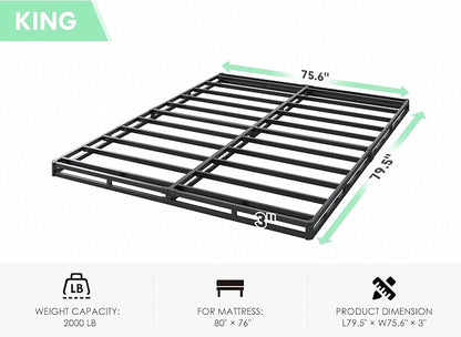 QEROMY 3 Inch Low Profile Box Spring, Sturdy Metal Frame Mattress Foundation, Easy Assembly, Quiet & Noise-Free, King Size
