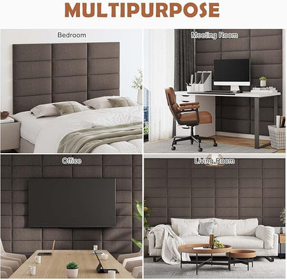 IFNOW Upholstered Wall Mounted Headboard, 3D Soundproof Wall Panels Peel and Stick for King Size, Reusable and Removable Tufted Bed Headboard in Brown (12 Panels, 10" x 24")