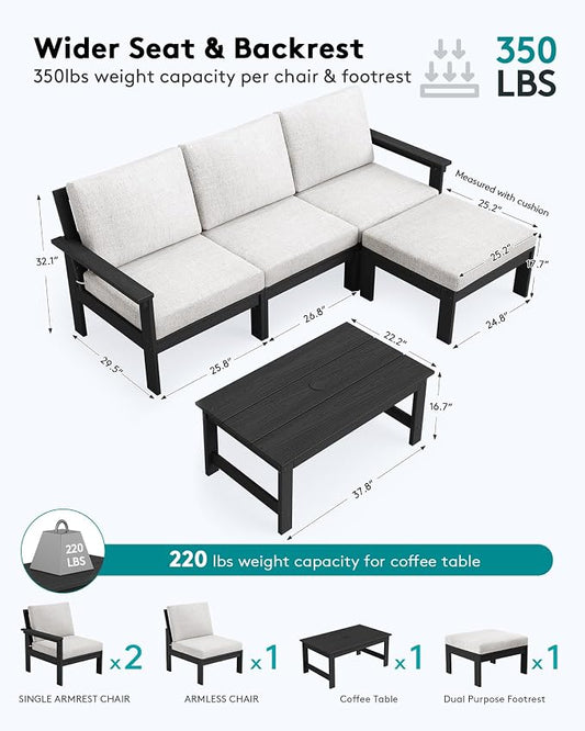 SERWALL Outdoor Sectional Sofa Set, 5-piece Outdoor Modula Couch Set with Ottoman, All Weather Patio Furniture Set with Chaise for Deck, Lawn, Black Frame with Khaki Cushion