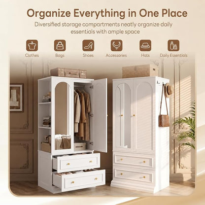 LIKIMIO Armoire Wardrobe Closet with Full Length Mirror, 3 Open Shelves, 71" Freestanding Bedroom Armoire with 2 Drawers, 3 Side Hooks & Hanging Rod, Clothing Storage Cabinet for Bedroom, White
