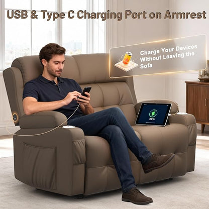 Reclining Loveseat, Wall-Hugger Loveseat Recliner Design with USB/Type C Charging & Storage & Cupholder, Pebble-Weave Fabric Recliner Sofa Couch for Living Room, Home Theater & RV Use