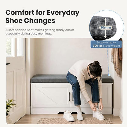 NEWBULIG Shoe Storage Bench for Entryway with Cushion, 39.4IN, White | Shoe Organizer Cabinet with Padded Cushion and Doors, Adjustable Shelves, Shoes Bench for Hallway, Mudroom, Bedroom