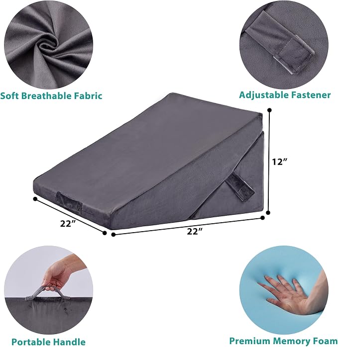 Wedge Pillow for Sleeping, Adjustable 9&12 Inch Foldable Bed Wedge Pillow Set, Orthopedic Memory Foam Triangle Pillows Wedge, 7-in-1 Elevated Pillows for Leg and Back Support, Velvet