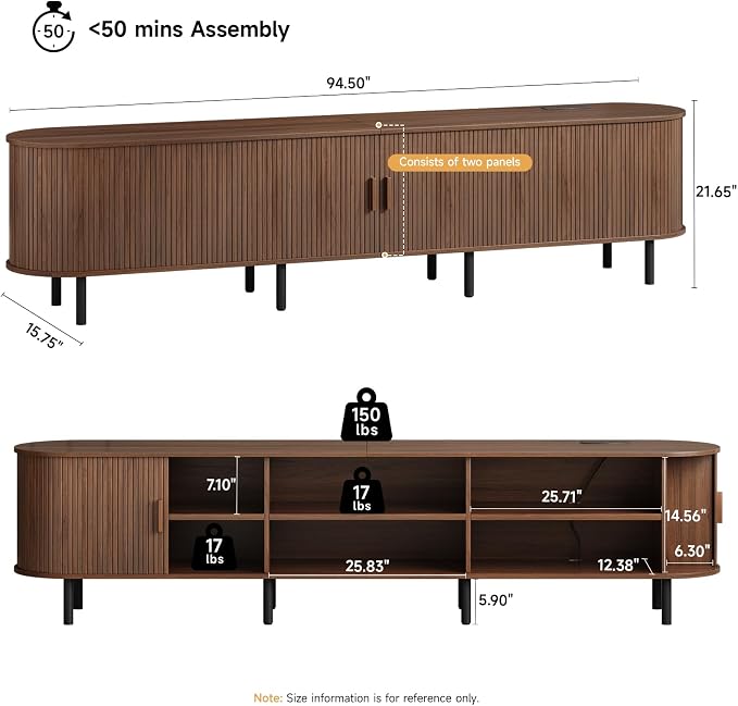 ONBRILL 94.5" TV Stand with Power Outlet for TVs up to 102 Inch, Entertainment Center with Storage and Adjustable Shelves, Modern Media Console with Sliding Doors for Living Room, Walnut