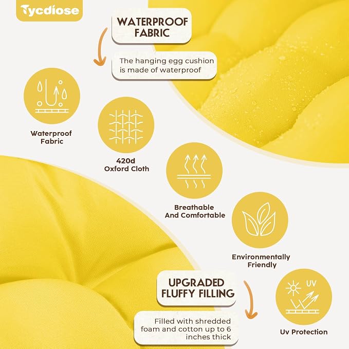 Outdoor Hanging Egg Chair Cushion Replacement, Thicken Egg Chair Cushion Waterproof Basket Eggs Chairs Cushion with Headrest Pillow, U-Shaped Cushions for Hanging Eggs Chairs Swing (Yellow)