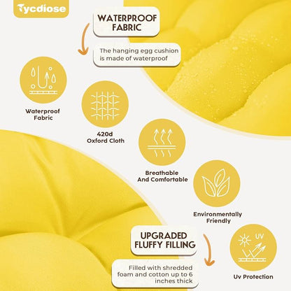 Outdoor Hanging Egg Chair Cushion Replacement, Thicken Egg Chair Cushion Waterproof Basket Eggs Chairs Cushion with Headrest Pillow, U-Shaped Cushions for Hanging Eggs Chairs Swing (Yellow)