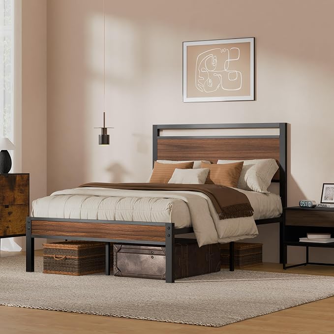 Z-hom Full Metal Bed Frame with Wooden Headboard and Footboard, Heavy Duty Platform Frame with Metal Slats, No Box Spring Needed, Quiet and Non-Slip Design, Space Saving Bed Frame for Bedroom,Walnut