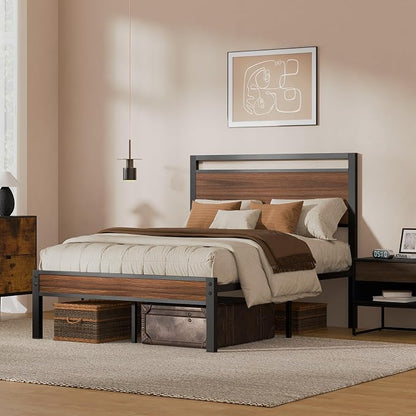 Z-hom Full Metal Bed Frame with Wooden Headboard and Footboard, Heavy Duty Platform Frame with Metal Slats, No Box Spring Needed, Quiet and Non-Slip Design, Space Saving Bed Frame for Bedroom,Walnut