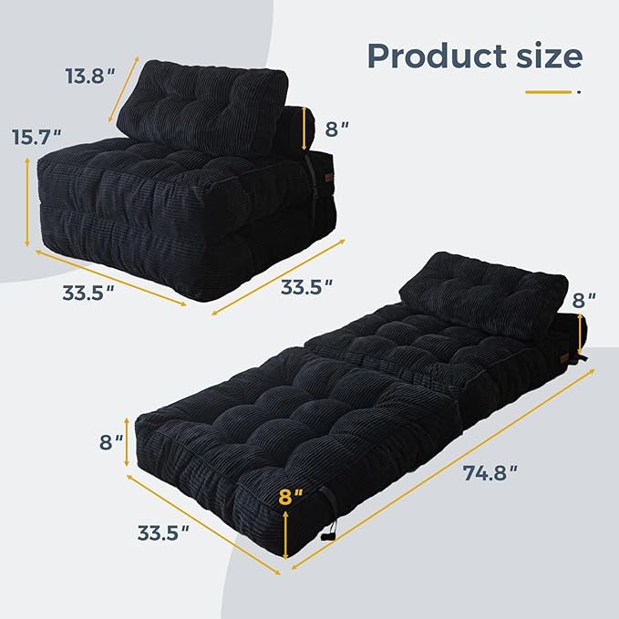 MAXYOYO Folding Sofa Bed, Convertible Chair with Pillow Foldable Couch with Back Support, Portable Fold Out Chair Bed Comfy Floor Sofa Lounge for Living Room Bedroom, Black, Single
