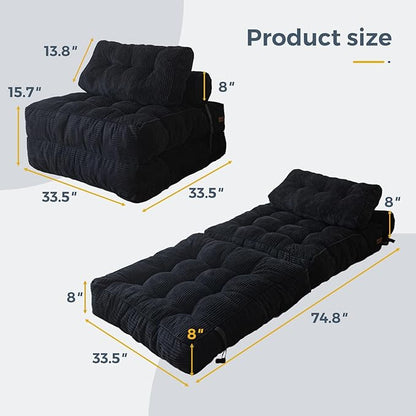MAXYOYO Folding Sofa Bed, Convertible Chair with Pillow Foldable Couch with Back Support, Portable Fold Out Chair Bed Comfy Floor Sofa Lounge for Living Room Bedroom, Black, Single