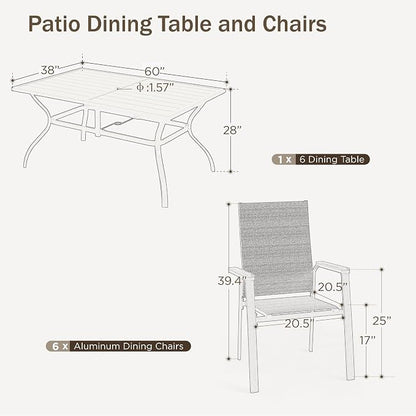 PHI VILLA Patio Dining Set for 6, Large Metal Dining Table with & 6 Outdoor Aluminum Stackable Chairs, Lightweight and Breathable Fabric, Outdoor Dining Set for Deck Porch, Grey