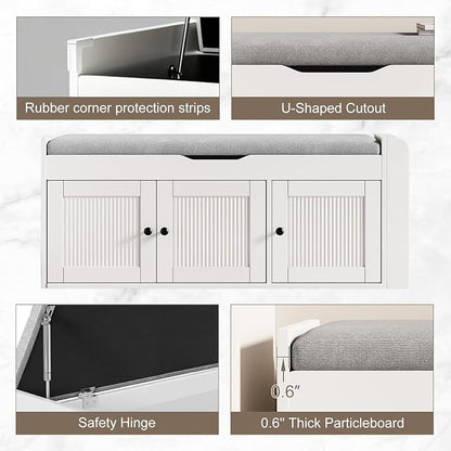 42.6" Entryway Shoe Storage Bench with Padded Seat, 3 Doors and Side Shelves, Lift Top Storage Bench for Shoes, Hallway, Bedroom, Living Room, White