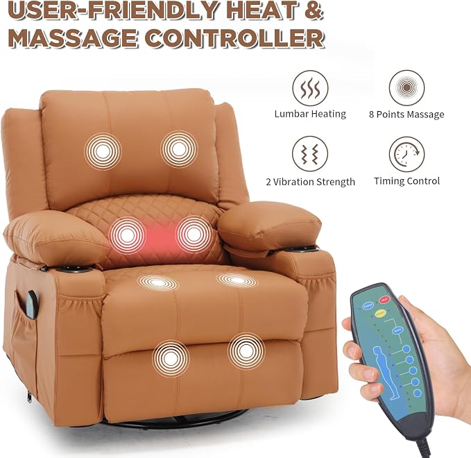 Faux Leather Recliner Chair with Heat and Massage Cup Holder, Overstuffed Swivel Rocker Recliner Chair Rocking Glider Chair Lounge Chair, Orange