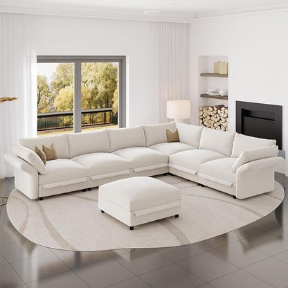 DreamDashio 160" 7-Seat L-Shaped Sectional Sofa, Oversized Modular Cloud Couch with Storage & Adjustable Backs, Beige Chenille for Living Room