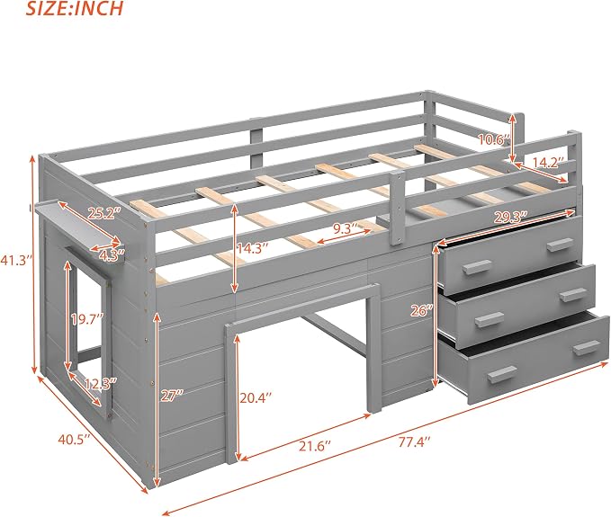 Bellemave Twin Size Low loft Bed for Kids,Wood Modern Farmhouse Twin Loft Bed with and Drawer Storage, No Box Spring Needed, Gray