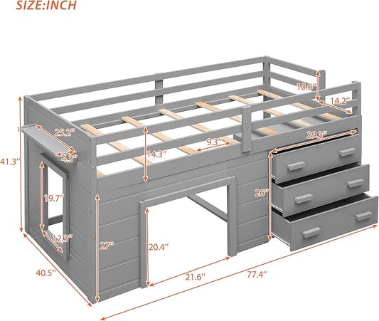 Bellemave Twin Size Low loft Bed for Kids,Wood Modern Farmhouse Twin Loft Bed with and Drawer Storage, No Box Spring Needed, Gray