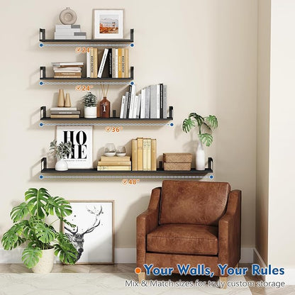 Harwaya 48 Inch Floating Shelves for Wall Set of 3, Long Wall Book Shelves for Bedroom Living Room, Large Vintage Floating Bookshelf for Office Classroom Library Kitchen Closet Organizer (Black)