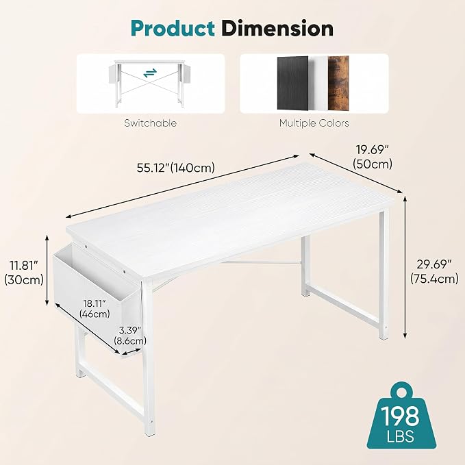 OLIXIS Computer Desk, 55 Inch Home Office Desks for Small Spaces, Writing Craft Study Gaming Table for Bedroom, Modern Computer Workstation with Storage Bag, All White