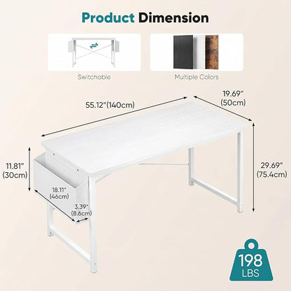 OLIXIS Computer Desk, 55 Inch Home Office Desks for Small Spaces, Writing Craft Study Gaming Table for Bedroom, Modern Computer Workstation with Storage Bag, All White
