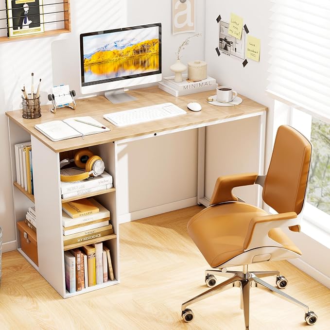 Tangkula Computer Desk with Storage Shelves, Home Office Desk with 5 Side Shelves & Metal Frame, Space Saving Laptop PC Desk, Writing Study Desk, Modern Vanity Desk for Bedroom (Natural)