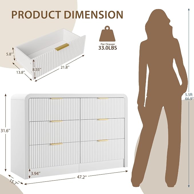 Decofy Fluted Drawers Dresser for Bedroom, Wood Dressers with Gold Handles, Modern Dressers with Wave Texture, Large Storage Chest of Drawers, Bedroom Dresser Organizer 47'' & 6 Drawers (Pure White)