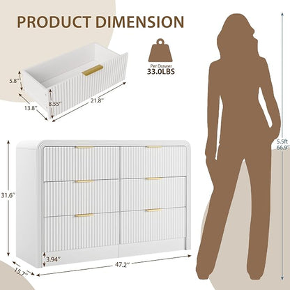 Decofy Fluted Drawers Dresser for Bedroom, Wood Dressers with Gold Handles, Modern Dressers with Wave Texture, Large Storage Chest of Drawers, Bedroom Dresser Organizer 47'' & 6 Drawers (Pure White)