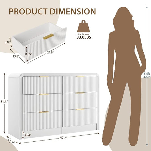 Decofy Fluted Drawers Dresser for Bedroom, Wood Dressers with Gold Handles, Modern Dressers with Wave Texture, Large Storage Chest of Drawers, Bedroom Dresser Organizer 47'' & 6 Drawers (Pure White)
