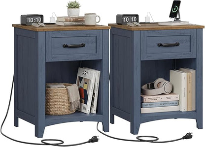 VASAGLE LIRY Collection - Farmhouse Nightstands with Charging Station, Set of 2 Bedside Tables, Side Tables with Drawer, Open Compartment, for Bedroom, Rustic Blue and Honey Brown LET659Q101S-2J