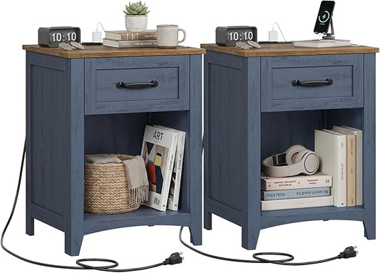 VASAGLE LIRY Collection - Farmhouse Nightstands with Charging Station, Set of 2 Bedside Tables, Side Tables with Drawer, Open Compartment, for Bedroom, Rustic Blue and Honey Brown LET659Q101S-2J