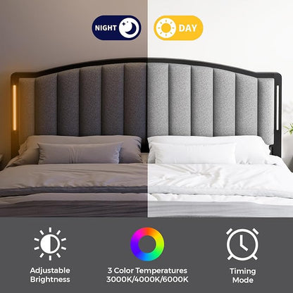 Headboard for King Size Bed with LED Lights, Upholstered Vertical Channel Tufting Head Boards, Linen Fabric Bed Headboard Only, Study & Comfortable, Ideal for Bedroom, Dorm, Guest Room, Grey