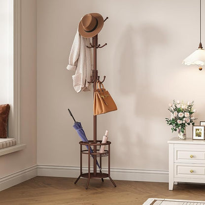 ELYKEN Coat Rack Freestanding, Metal Coat Rack with Umbrella Holder | 12 Hooks, Round Base, Heavy Duty Floor Standing Coat Tree for Entryway, Hallway, Living Room, Bedroom, Office, Brown