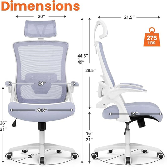 NEO CHAIR Office Desk Chair Gaming Computer High Back Support Mesh Comfy Seat with Adjustable Ergonomic Headrest Lumbar Rolling Flip-up Armrests and Wheels (Purple)
