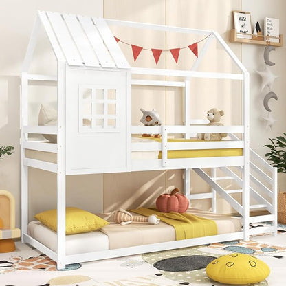 Giantex Twin Bunk Beds with Stairs, Floor House Bed with Roof & Window, Solid Wood Twin Over Twin Bunk Bed with Full-Length Guardrails and Steps, Space-Saving House Bed for Kids, Girls, Boys, White