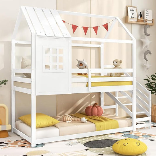 Giantex Twin Bunk Beds with Stairs, Floor House Bed with Roof & Window, Solid Wood Twin Over Twin Bunk Bed with Full-Length Guardrails and Steps, Space-Saving House Bed for Kids, Girls, Boys, White
