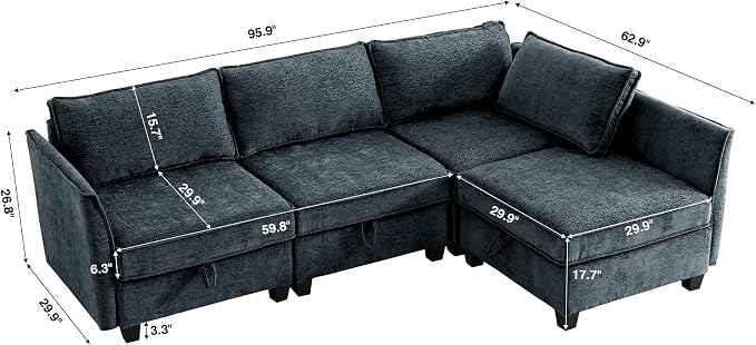 ORRD Corner Modular Sectional Sofa Set, Convertible L Shaped Couch with Storage, 4 Seater Sofa Modular for Living Room, Office (Blue Grey)