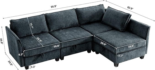 ORRD Corner Modular Sectional Sofa Set, Convertible L Shaped Couch with Storage, 4 Seater Sofa Modular for Living Room, Office (Blue Grey)
