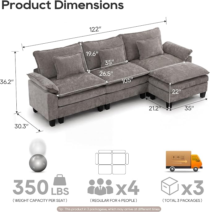 URRED Oversized Modular Sectional Sofa, 122" L Shaped Modern Comfy Cloud Couch with Movable Ottoman & Pillows, Deep Seat Couches for Living Room, Bedroom or Apartment (Chenille Gray, 122" L Shaped)