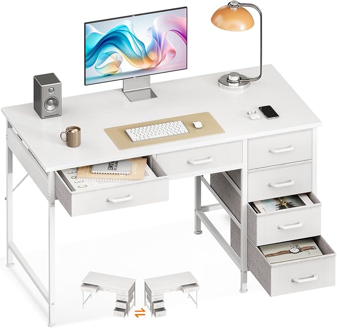 Casaottima 40 Inch Small Computer Desk with 6 Drawers, Reversible Storage Desk for Home Office, Work Study Table for Bedroom, White