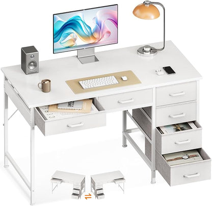 Casaottima 40 Inch Small Computer Desk with 6 Drawers, Reversible Storage Desk for Home Office, Work Study Table for Bedroom, White