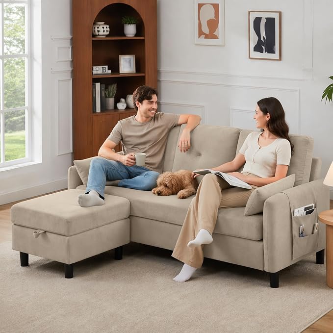 Convertible Sectional Sofa, 77" Small L Shaped 3 Seat Couch with Reversible Storage Chaise, Modern Polyester Fabric Sofa Couches for Living Room, Apartment and Small Space, Beige