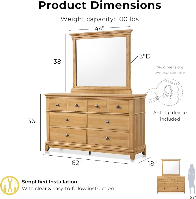 Furniture of America Yardley Farmhouse Solid Wood 5-Piece Bedroom Set with Platform Bed, Felt-Lined Top Drawers on Nightstands and Dresser with Mirror, Box Spring Needed, King, Natural Oak