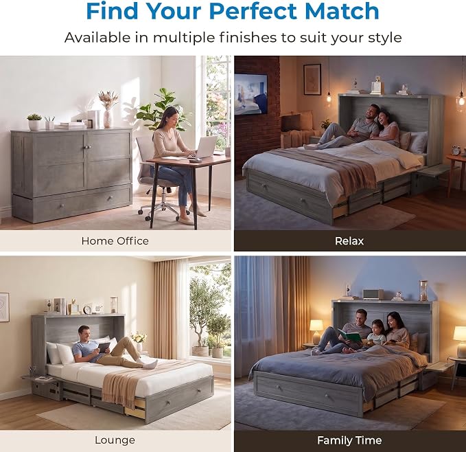 Mjkone Queen Murphy Bed Cabinet with Tri-fold Mattress, Cabinet Bed with Built-in Charging Station, Storage Drawer, Solid Wood Cabinets Bed, Cube Murphy Chest Beds for Guest Room, Home, Office, Grey