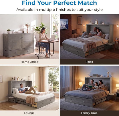 Mjkone Queen Murphy Bed Cabinet with Tri-fold Mattress, Cabinet Bed with Built-in Charging Station, Storage Drawer, Solid Wood Cabinets Bed, Cube Murphy Chest Beds for Guest Room, Home, Office, Grey