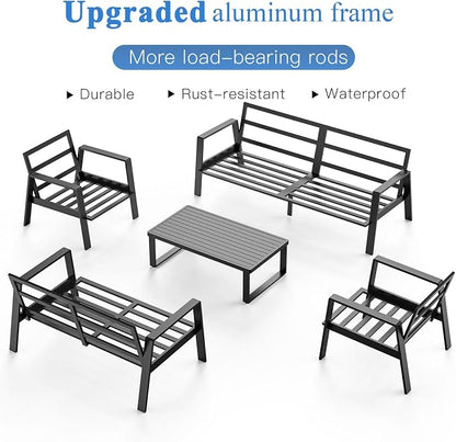 Aluminum Outdoor Patio Furniture Set, 5 Piece Sectional Coversation Sets with Coffee Table, Modern Outdoor Sofa Couch with Thick Cushions for Porch, Balcony, Garden (Black/Blue, 5 Pcs Set)