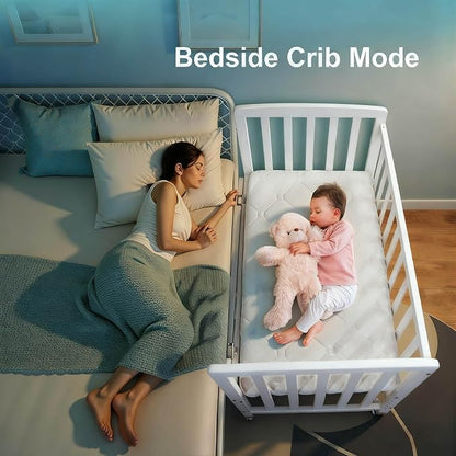 Flwrgirl Mini Baby Crib with Mattress,Portable Bedside Sleeper & Bassinet,6 Adjustable Heights,Wood Nursery Crib with Locking Wheels,Compact Baby Bed for Newborns & Infants,White