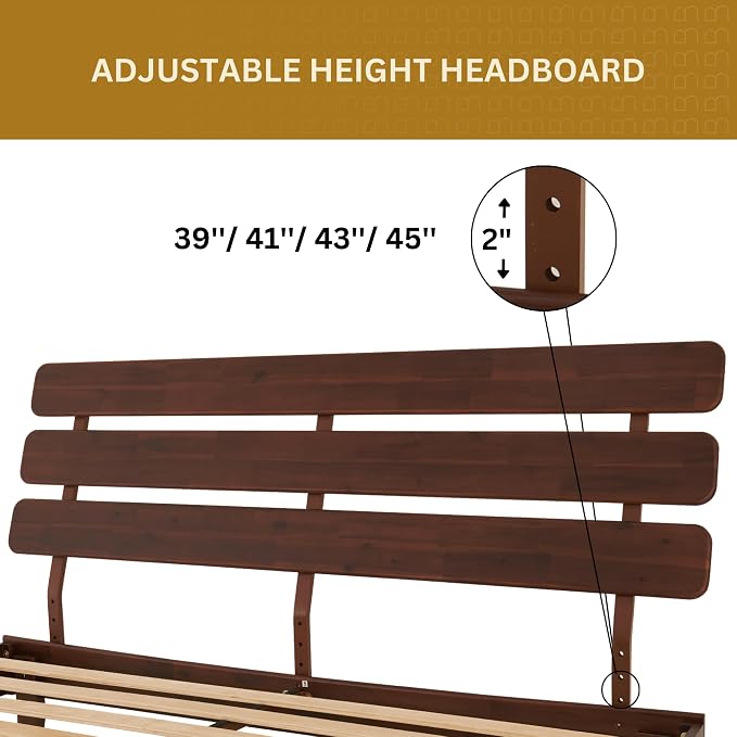 Bme Caden King Size Bed Frame and Adjustable Headboard, 15 Inch Mid Century Retro Style - Solid Acacia Wood - No Box Spring Needed - 12 Strong Wood Slat Support - Easy Assembly - Walnut